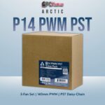 Arctic P14 PWM PST black five-pack showcasing large 140mm fans for robust airflow and radiator performance.