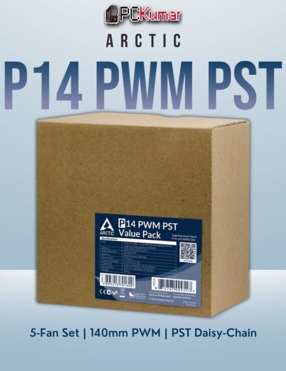 Arctic P14 PWM PST black five-pack showcasing large 140mm fans for robust airflow and radiator performance.