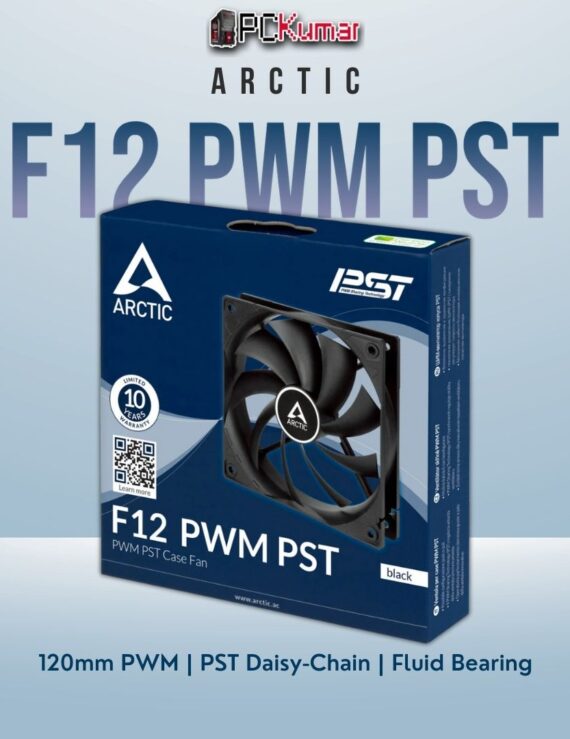 Arctic F12 PWM PST black case fan with a 120mm frame and a 4-pin PWM connector plus pass-through cable.