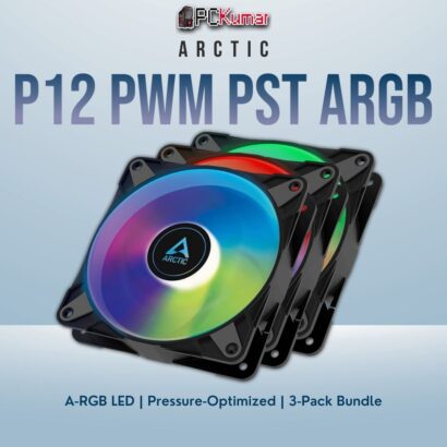 Arctic P12 PWM PST A-RGB triple fan pack in black, featuring vibrant addressable lighting and pressure-optimized blades.