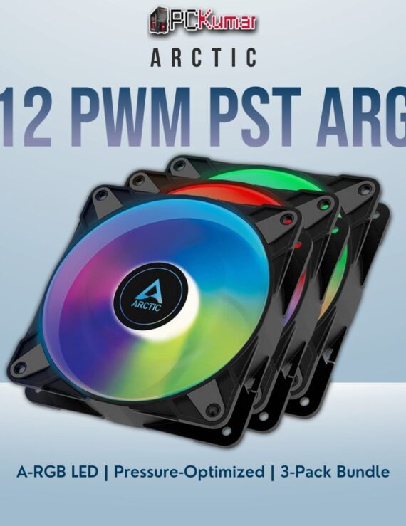 Arctic P12 PWM PST A-RGB triple fan pack in black, featuring vibrant addressable lighting and pressure-optimized blades.