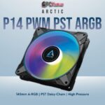 Arctic P14 PWM PST A-RGB black 140mm fan featuring integrated addressable LEDs for stylish cooling.