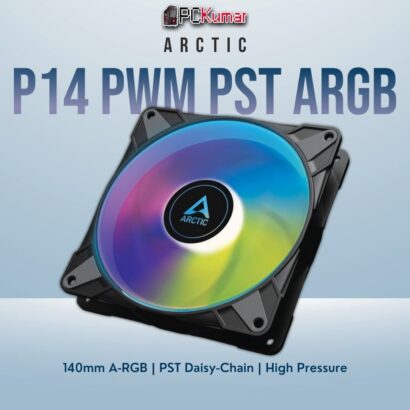 Arctic P14 PWM PST A-RGB black 140mm fan featuring integrated addressable LEDs for stylish cooling.