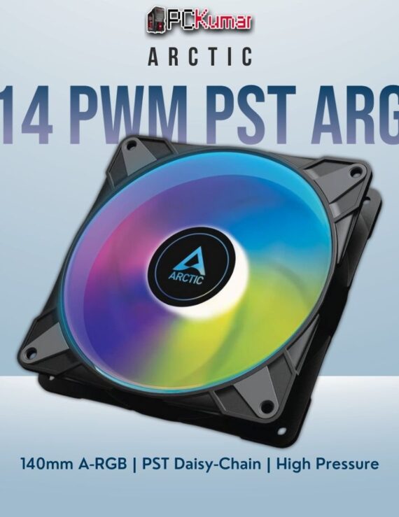 Arctic P14 PWM PST A-RGB black 140mm fan featuring integrated addressable LEDs for stylish cooling.