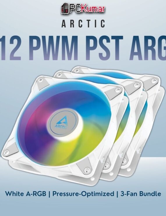 Arctic P12 PWM PST A-RGB white triple fan set with luminous ring design, perfect for all-white or themed builds.