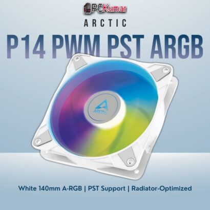 Arctic P14 PWM PST A-RGB white 140mm fan with integrated addressable lighting for striking build visuals.