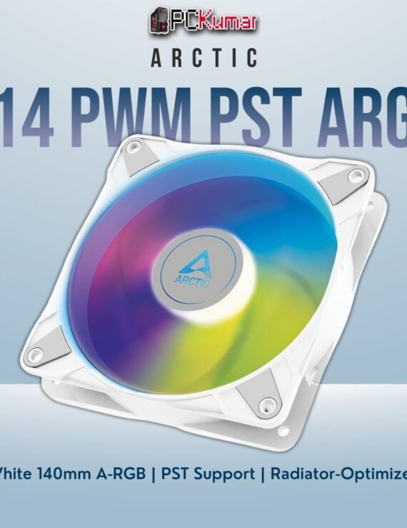Arctic P14 PWM PST A-RGB white 140mm fan with integrated addressable lighting for striking build visuals.