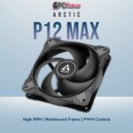 Arctic P12 Max black 120mm fan featuring a robust design for high-speed airflow under demanding conditions.