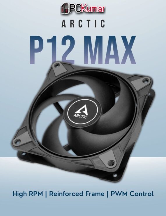Arctic P12 Max black 120mm fan featuring a robust design for high-speed airflow under demanding conditions.