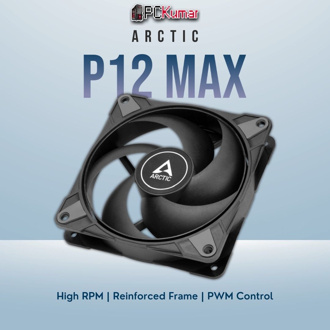 Arctic P12 Max black 120mm fan featuring a robust design for high-speed airflow under demanding conditions.