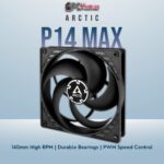 Arctic P14 Max black fan with reinforced blades and a robust frame, tuned for top-tier airflow under heavy loads.