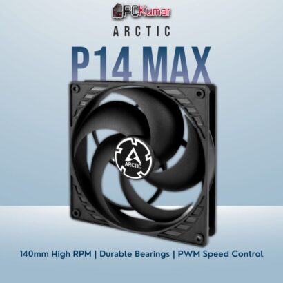 Arctic P14 Max black fan with reinforced blades and a robust frame, tuned for top-tier airflow under heavy loads.
