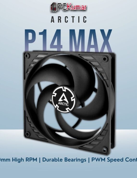 Arctic P14 Max black fan with reinforced blades and a robust frame, tuned for top-tier airflow under heavy loads.