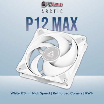 Arctic P12 Max in white, featuring robust fan blades and a sturdy frame for improved high-speed cooling performance.