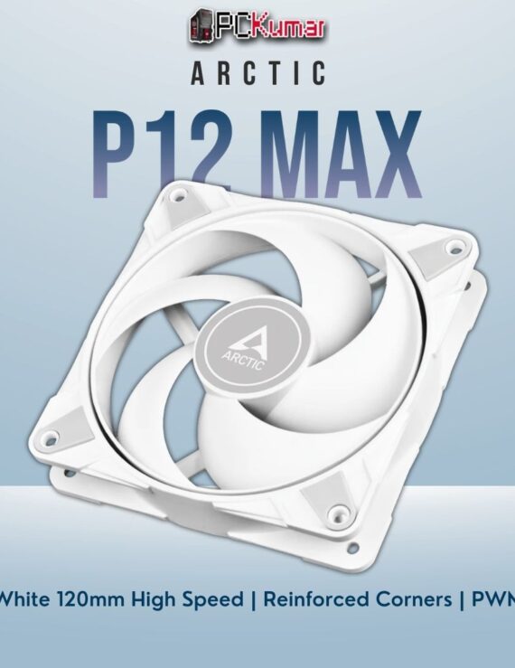 Arctic P12 Max in white, featuring robust fan blades and a sturdy frame for improved high-speed cooling performance.
