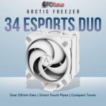 Arctic Freezer 34 eSports DUO cooler in grey with two fans sandwiching a single fin stack for enhanced cooling.