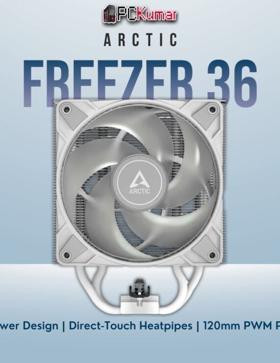Arctic Freezer 36 tower cooler featuring a single 120mm fan, aluminum fins, and a copper heatpipe base.