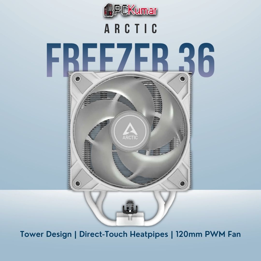 Arctic Freezer 36 tower cooler featuring a single 120mm fan, aluminum fins, and a copper heatpipe base.