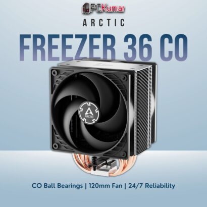 Arctic Freezer 36 CO tower cooler with a robust bearing fan designed for continuous, round-the-clock operation.