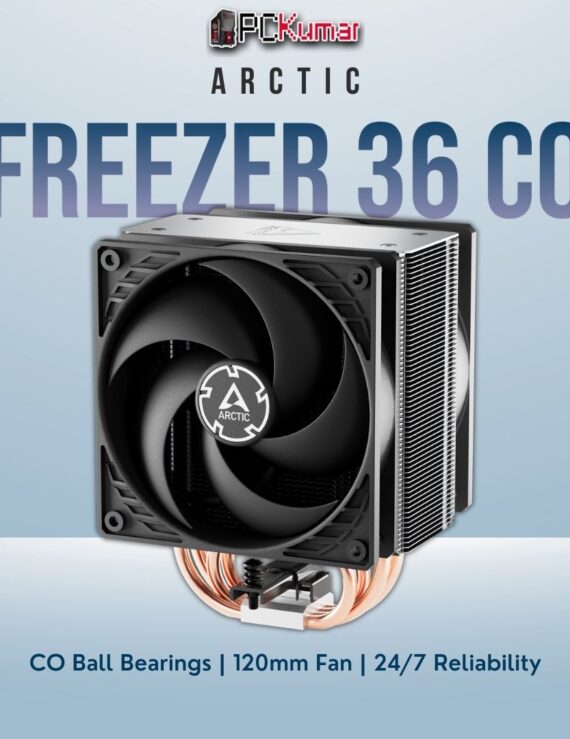 Arctic Freezer 36 CO tower cooler with a robust bearing fan designed for continuous, round-the-clock operation.