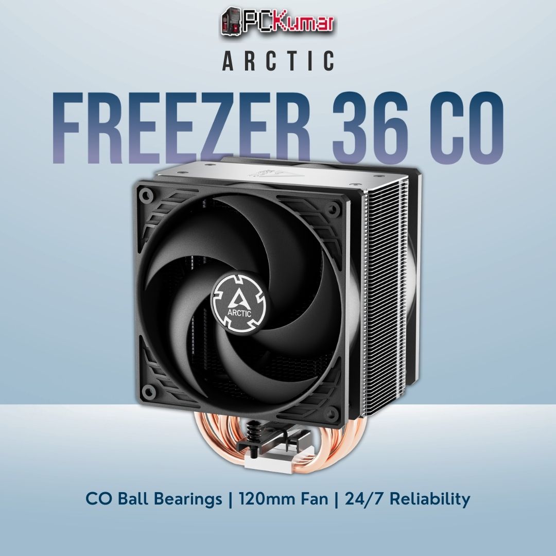 Arctic Freezer 36 CO tower cooler with a robust bearing fan designed for continuous, round-the-clock operation.