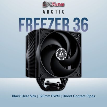 Arctic Freezer 36 black edition tower cooler with a black fin stack, single 120mm fan, and copper heatpipes.