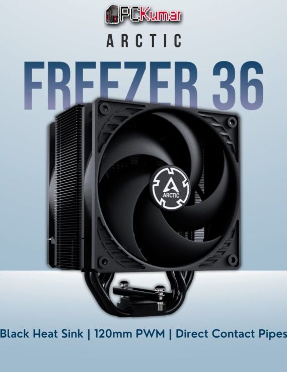 Arctic Freezer 36 black edition tower cooler with a black fin stack, single 120mm fan, and copper heatpipes.