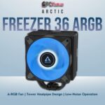Arctic Freezer 36 A-RGB black CPU tower cooler showcasing a colorful LED fan and a sleek black heatsink assembly.