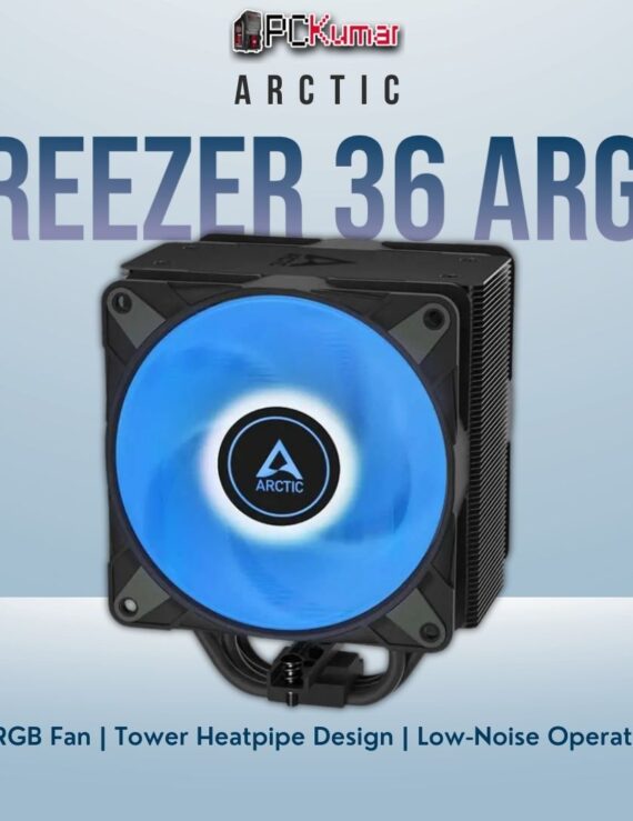 Arctic Freezer 36 A-RGB black CPU tower cooler showcasing a colorful LED fan and a sleek black heatsink assembly.