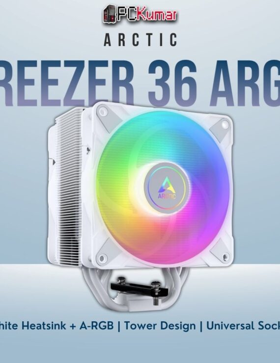 Arctic Freezer 36 A-RGB white tower cooler featuring a bright LED fan and painted fin stack for a cohesive build look.