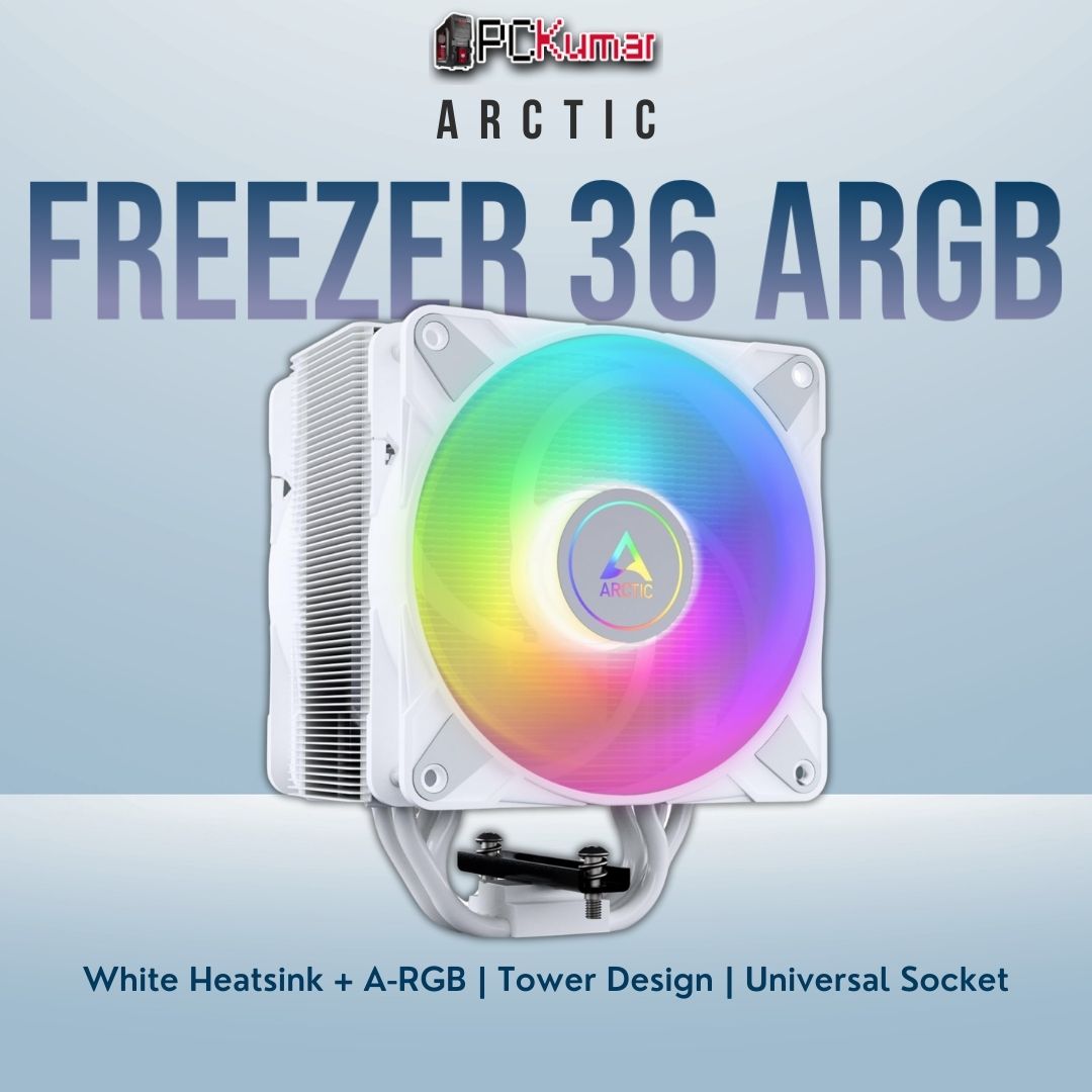 Arctic Freezer 36 A-RGB white tower cooler featuring a bright LED fan and painted fin stack for a cohesive build look.