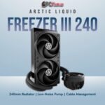 Arctic Liquid Freezer III 240 black AIO cooler featuring a two-fan radiator, black sleeved tubes, and a compact pump head.