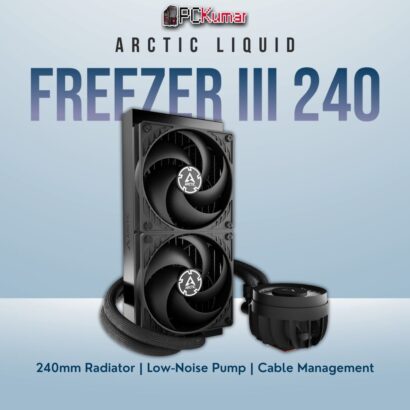 Arctic Liquid Freezer III 240 black AIO cooler featuring a two-fan radiator, black sleeved tubes, and a compact pump head.