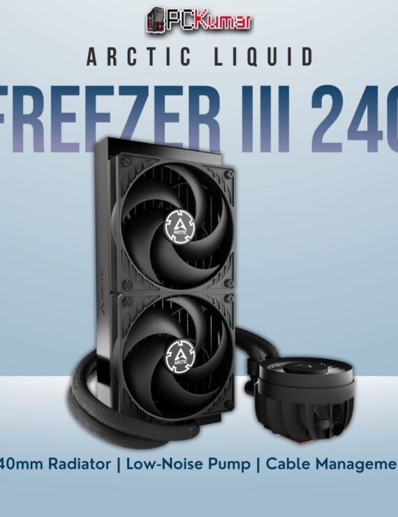 Arctic Liquid Freezer III 240 black AIO cooler featuring a two-fan radiator, black sleeved tubes, and a compact pump head.