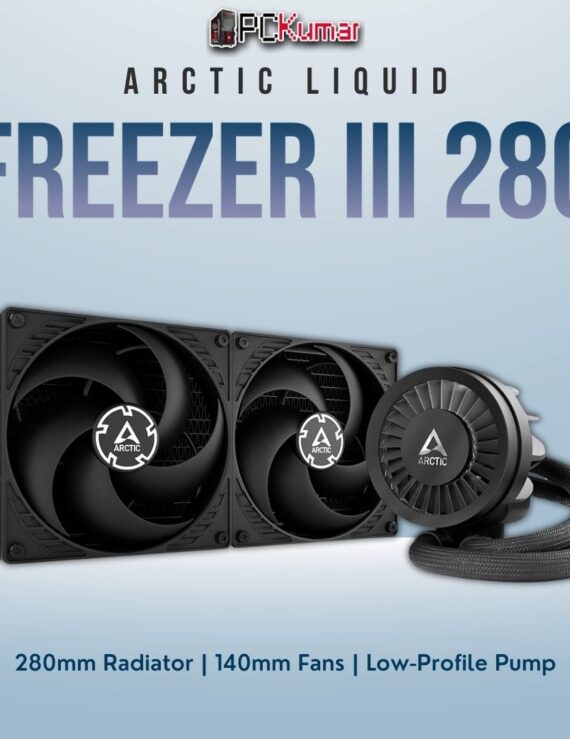 Arctic Liquid Freezer III 280 black all-in-one liquid cooler with a two-fan radiator and robust pump block.