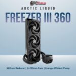 Arctic Liquid Freezer III 360 black radiator with three fans, sleeved hoses, and a compact CPU block.