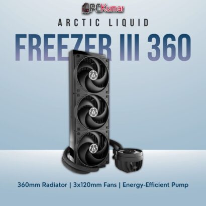 Arctic Liquid Freezer III 360 black radiator with three fans, sleeved hoses, and a compact CPU block.