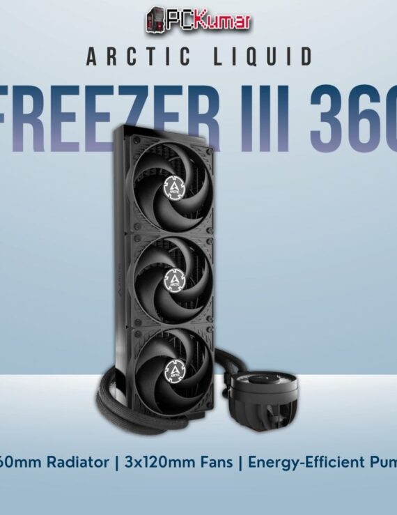 Arctic Liquid Freezer III 360 black radiator with three fans, sleeved hoses, and a compact CPU block.