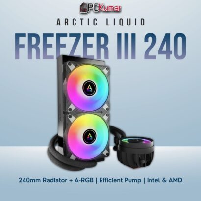 Arctic Liquid Freezer III 240 A-RGB black cooler with colorful fans, braided tubes, and a sleek CPU block.