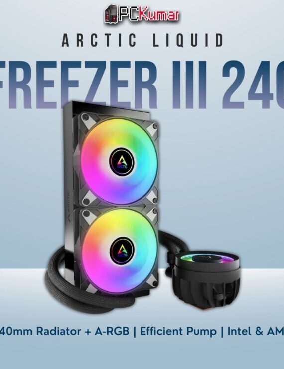 Arctic Liquid Freezer III 240 A-RGB black cooler with colorful fans, braided tubes, and a sleek CPU block.