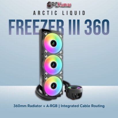 Arctic Liquid Freezer III 360 A-RGB black with triple RGB fans, ensuring robust cooling and vivid lighting options.