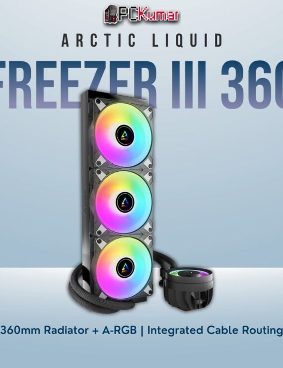 Arctic Liquid Freezer III 360 A-RGB black with triple RGB fans, ensuring robust cooling and vivid lighting options.