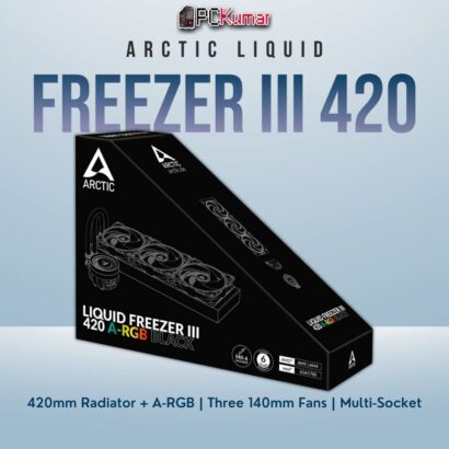 Arctic Liquid Freezer III 420 A-RGB black cooler featuring large illuminated fans and an extended radiator for top-tier cooling.