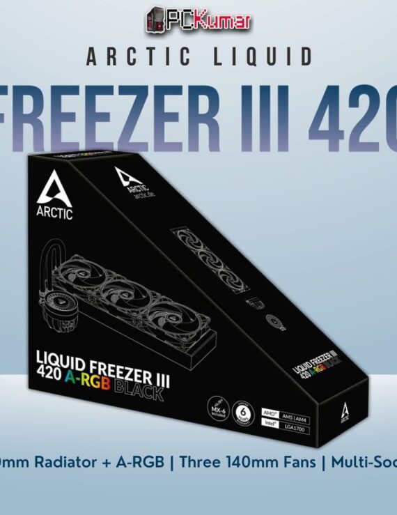 Arctic Liquid Freezer III 420 A-RGB black cooler featuring large illuminated fans and an extended radiator for top-tier cooling.