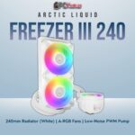 Arctic Liquid Freezer III 240 A-RGB in white, equipped with luminous fans and a streamlined design.