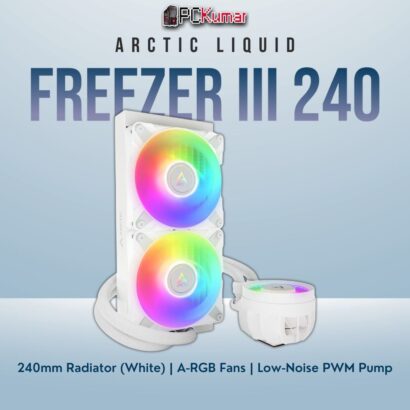 Arctic Liquid Freezer III 240 A-RGB in white, equipped with luminous fans and a streamlined design.