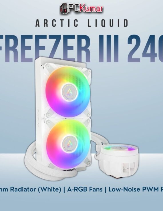 Arctic Liquid Freezer III 240 A-RGB in white, equipped with luminous fans and a streamlined design.