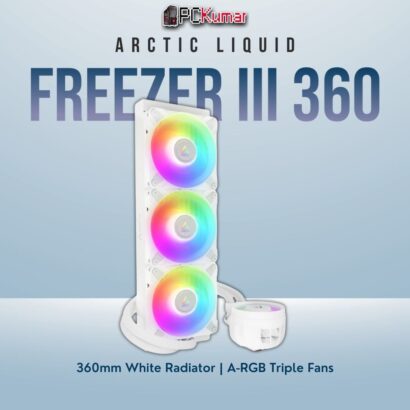 Arctic Liquid Freezer III 360 A-RGB white cooler with three matching RGB fans and white braided hoses.