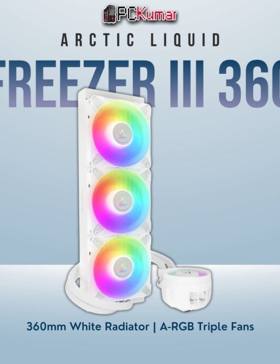 Arctic Liquid Freezer III 360 A-RGB white cooler with three matching RGB fans and white braided hoses.