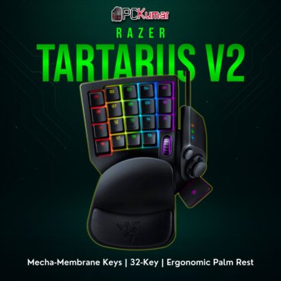 Razer Tartarus V2 black keypad with mecha-membrane buttons, an 8-way thumbpad, and a cushioned wrist rest.